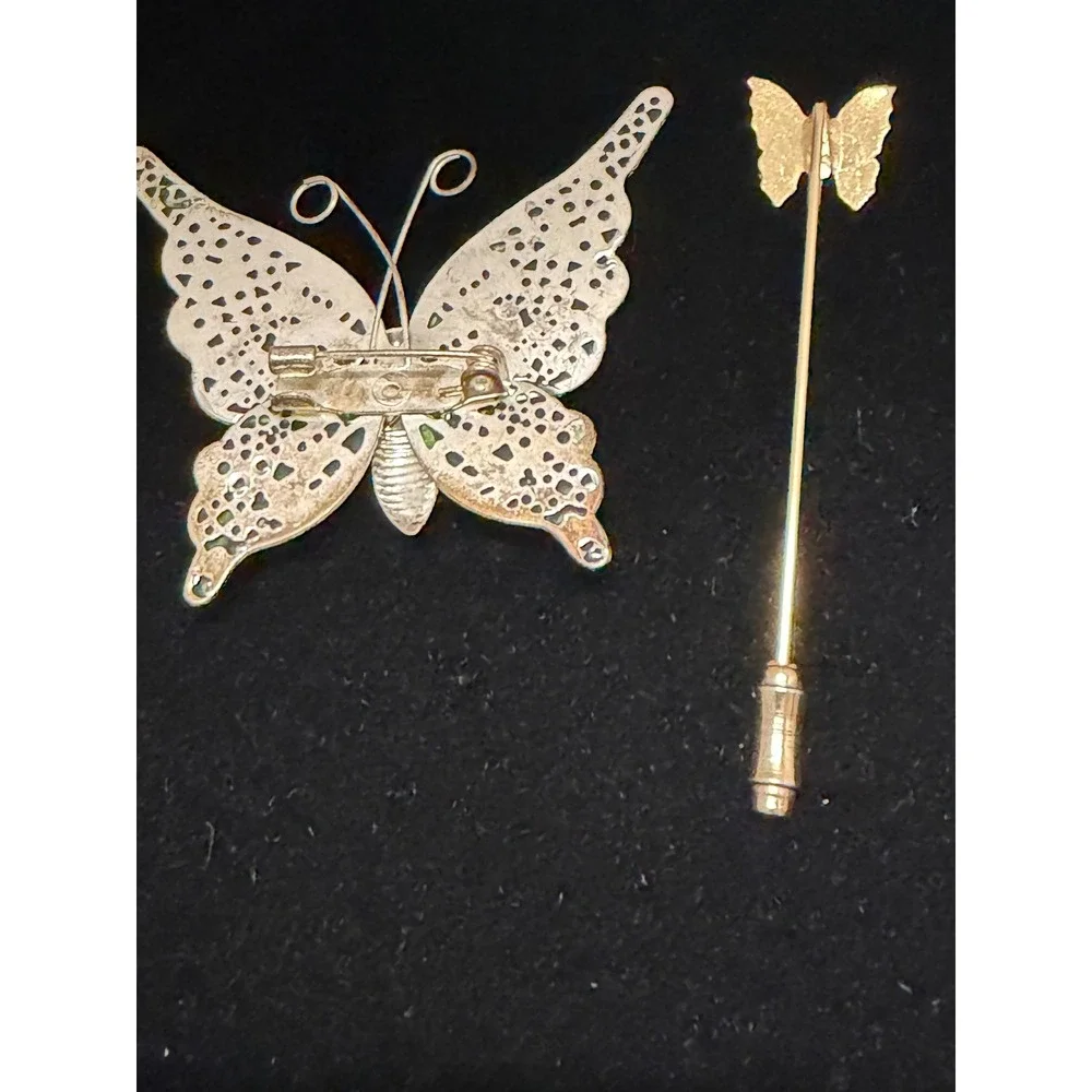 Vintage Butterfly Brooch and Stick Pin Set Green Enamel‎ Orange Butterfly Lot